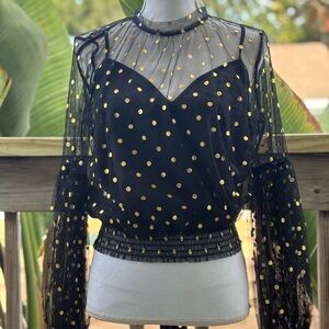 Peach Black Sheer Tulle Bubble Blouse W/Metallic Gold & Polka Dots Size Large